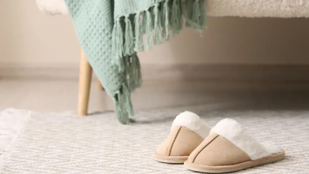 Un par de pantuflas cómodas al lado de una cama iluminada por la luz suave de la mañana